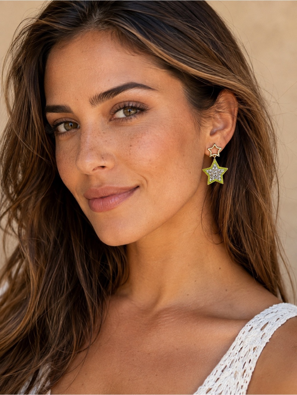Gold Tone Crystal Star Drop Statement Earrings | Lime Green Enamel | Celestial